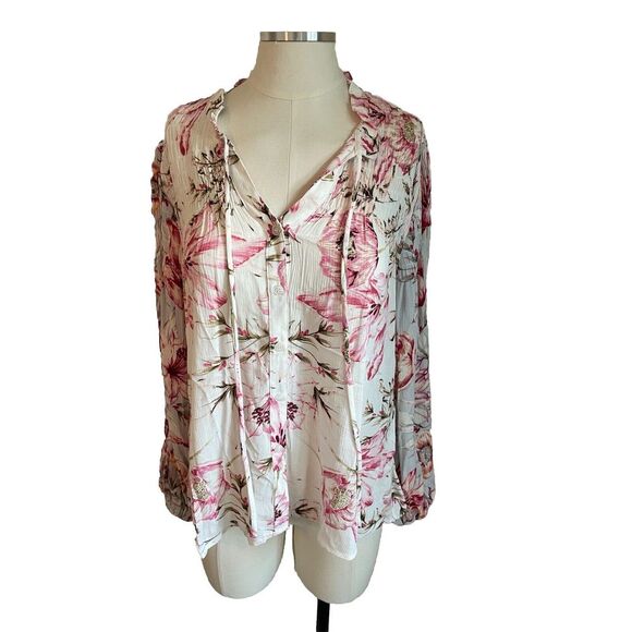 Mystree Womens Small Color Pink/Multi Tie Front Elastic Stretch Casual Blouse - Picture 4 of 5